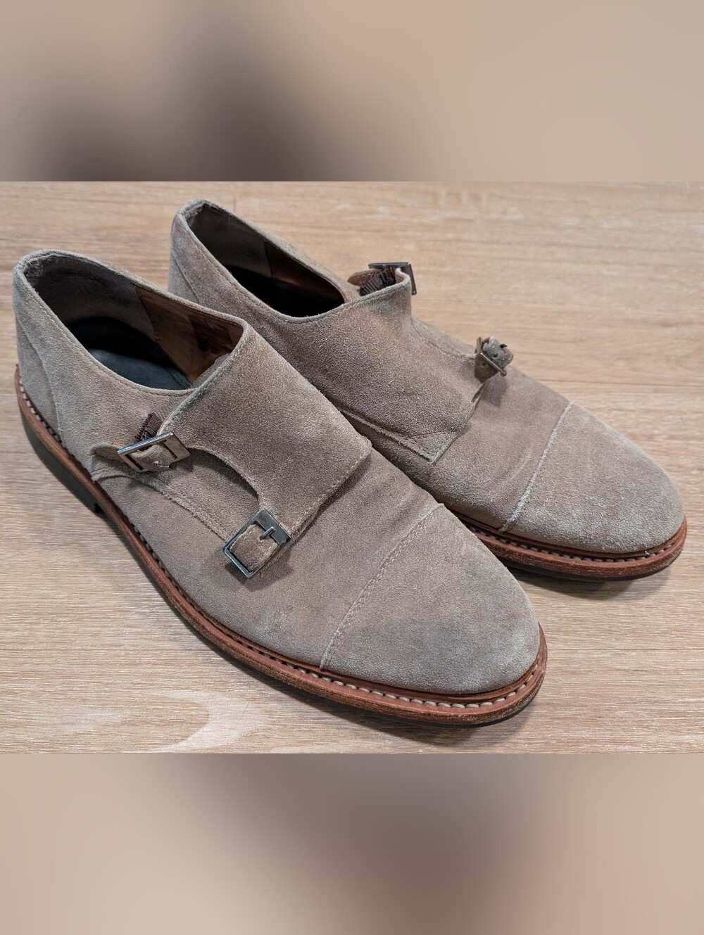 Hardy Amies Double Monk Oxfords Suede Leather Taupe Men's Size US 9 / UK 8